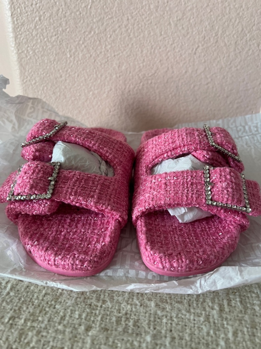 Steve Madden - Pink Tweed Sandstorm Sandals - Picture 3 of 7
